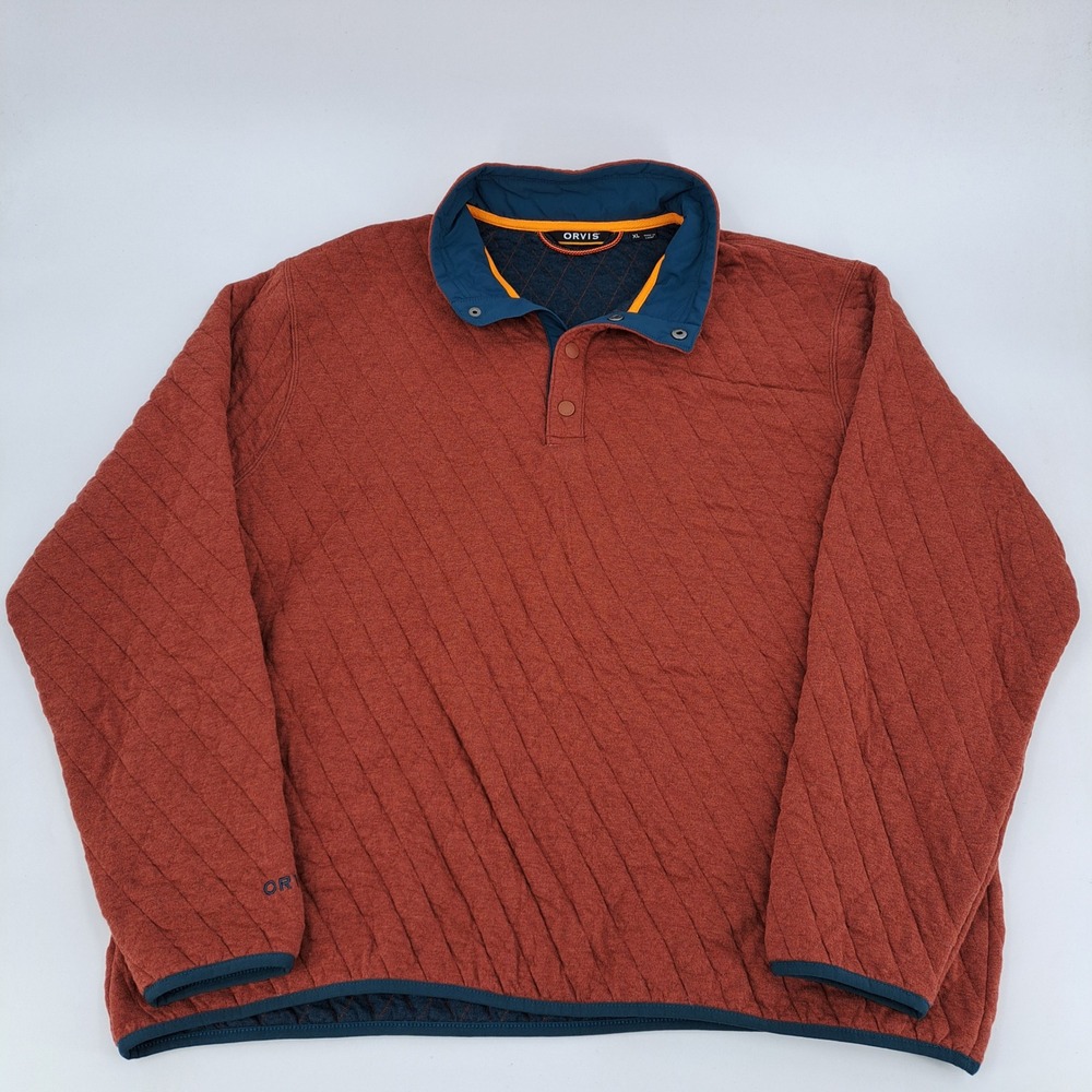 Orvis Quilted Snap Neck Pullover Mens XL Cotton Rust Orange Blue Mock Neck